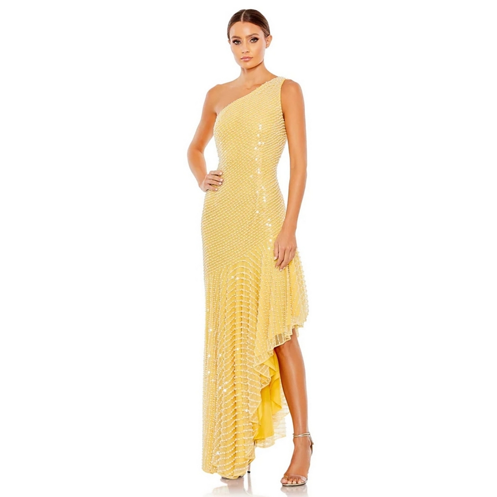 MAC DUGGAL size 8 ONE SHOULDER ASYMMETRICAL HEM PEARL YELLOW DRESS